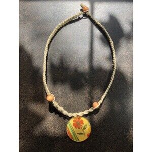 Red Flower Metal Medallion On HEMP Choker Necklace Boho Handmade Hippie Earthy